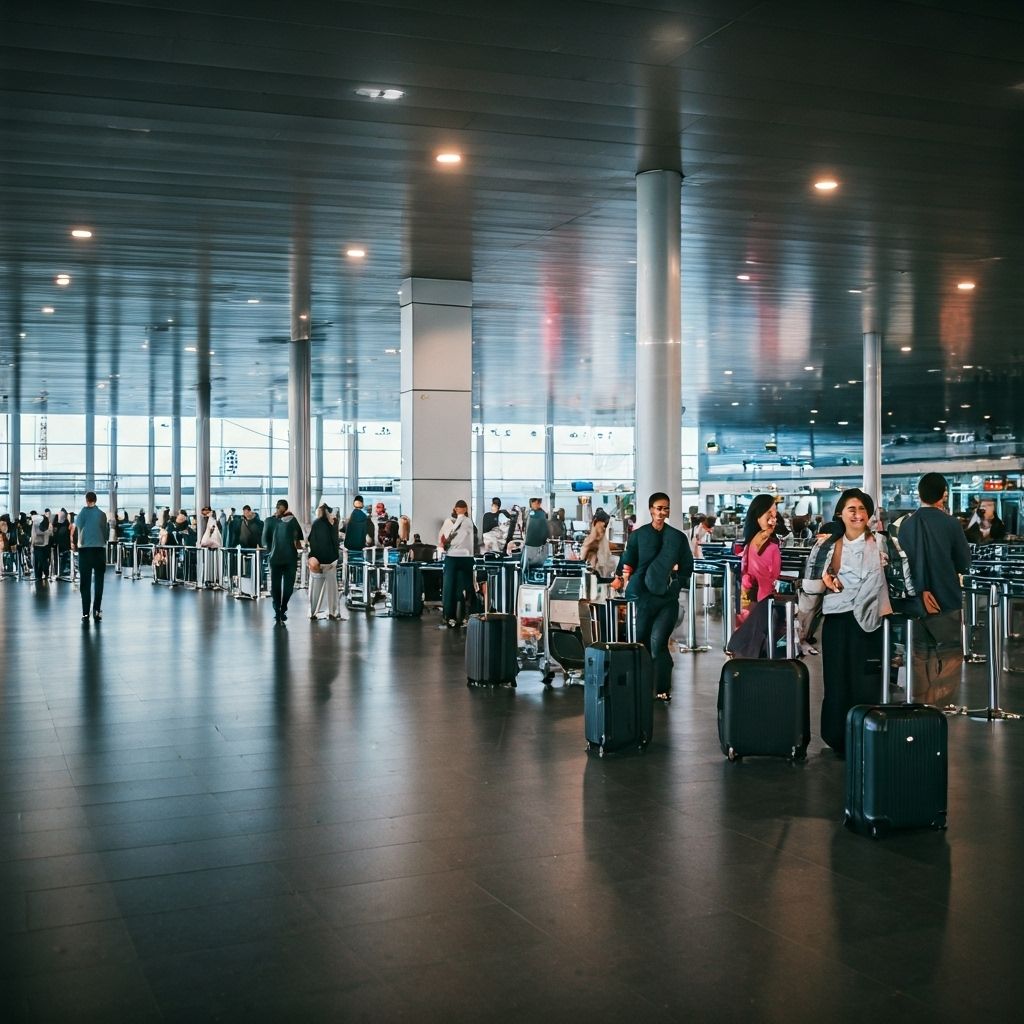 Busy airport terminal with travelers