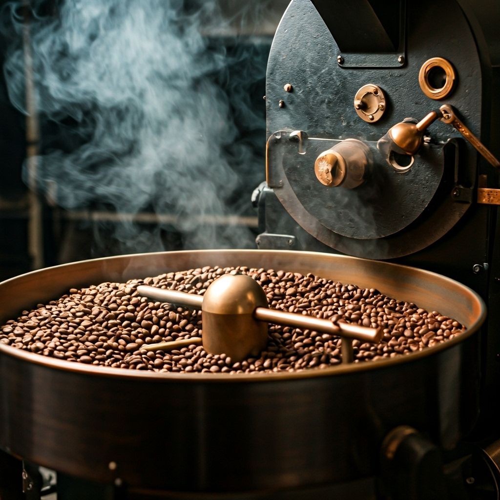 Coffee beans being roasted in traditional drum roaster