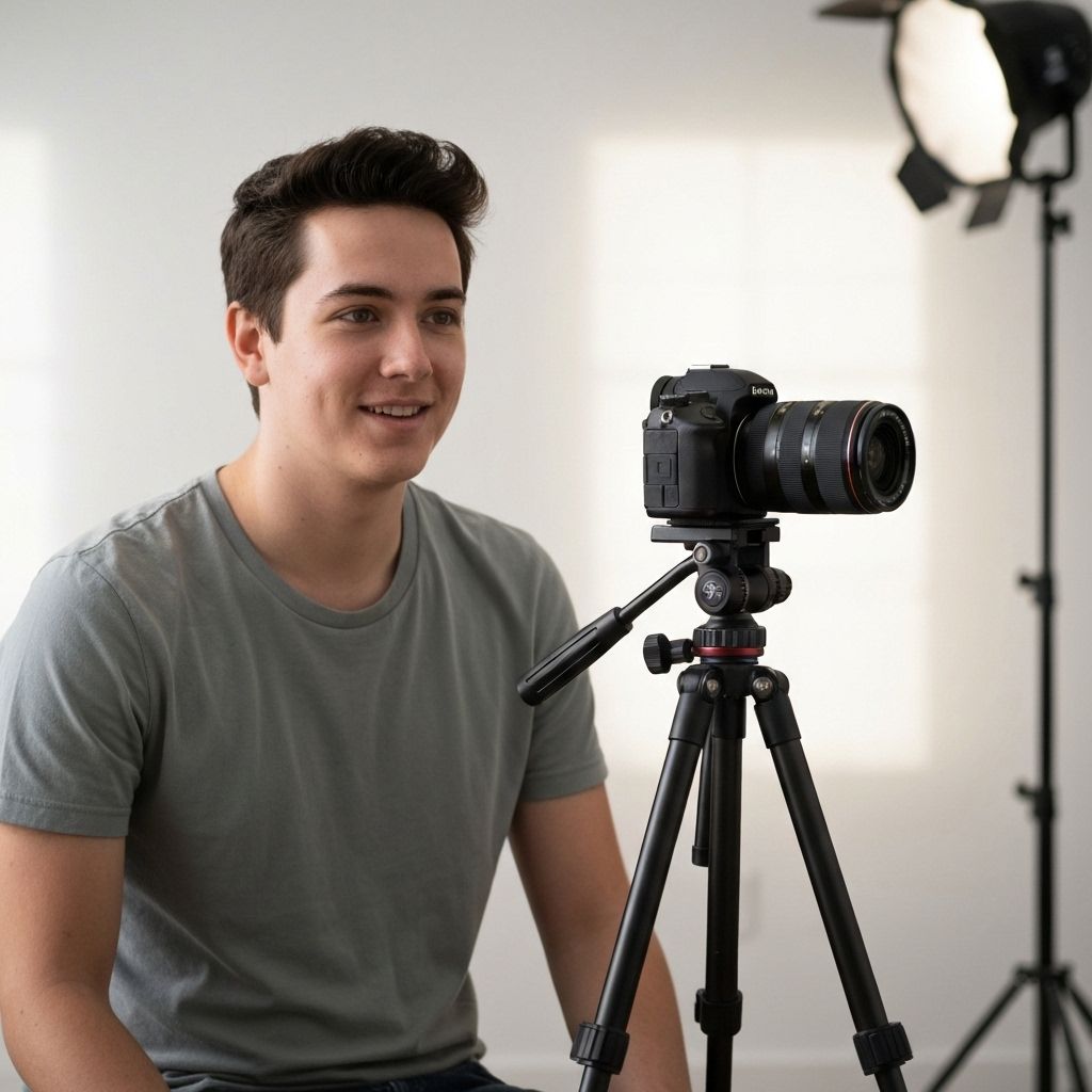 Beginner photographer setting up camera