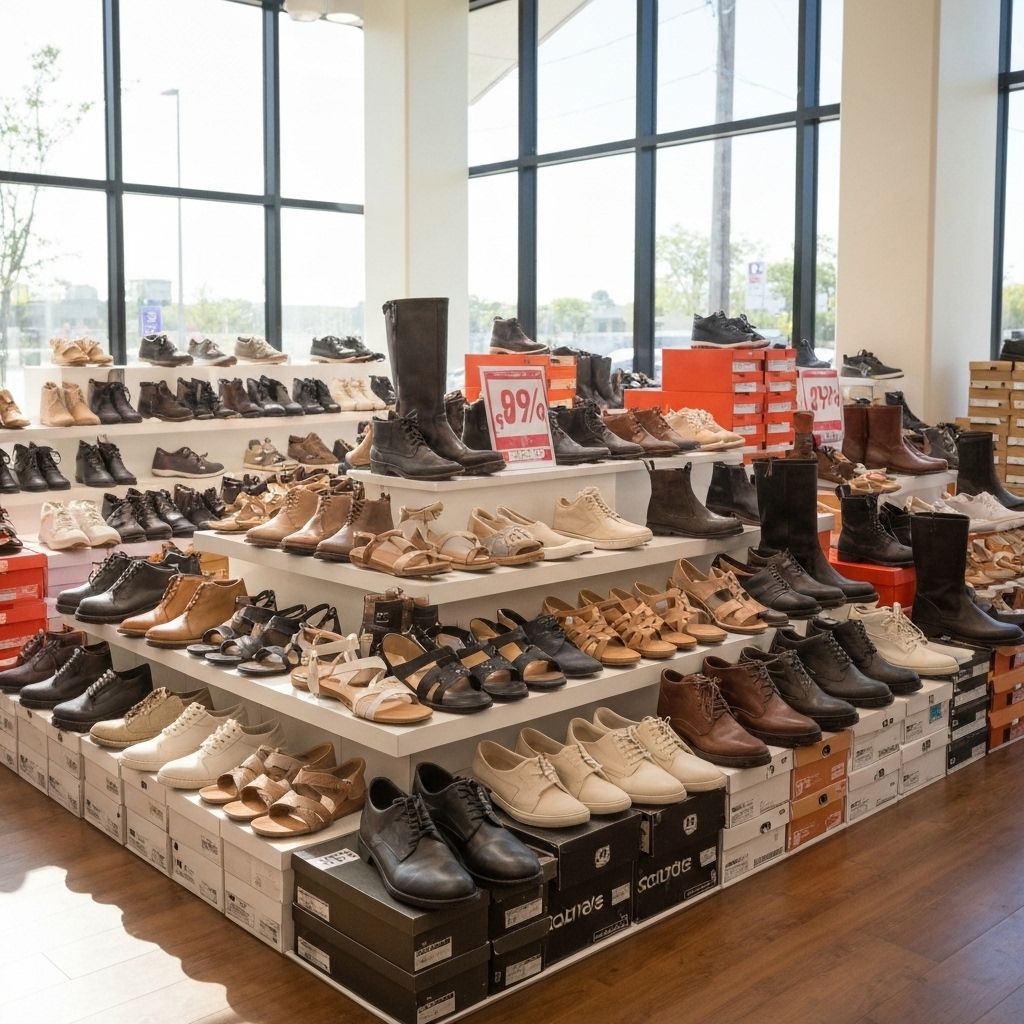 Various shoes on display in a clearance sale