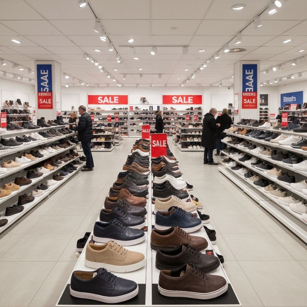 Aisle in a shoe store with sale signs