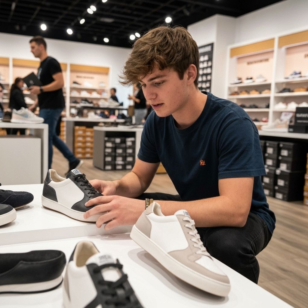 Student trying on shoes in a store